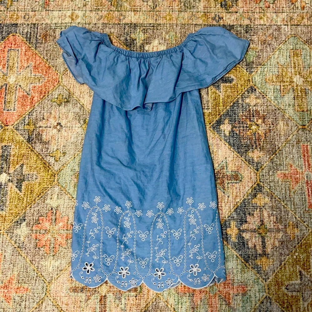 Old Navy off the shoulder‎ chambray denim ruffle embroidered eyelet hem dress XS